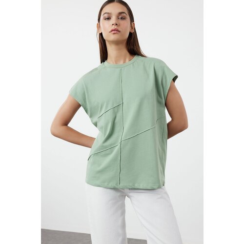 Trendyol Mint 100% Cotton Oversize/Wide Fit Knitted T-Shirt with Piping Detail Cene