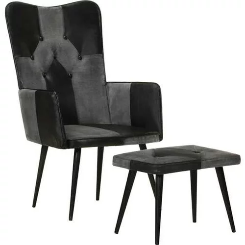  Fotelj s stolčkom za noge črno pravo usnje in platno