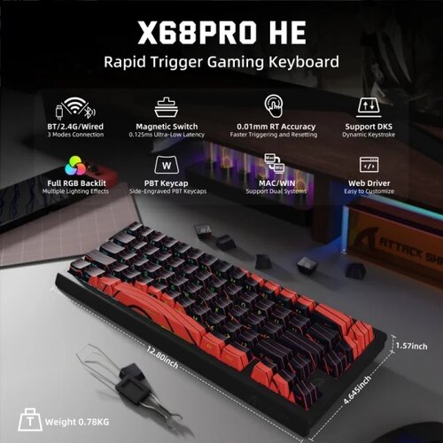 Attack Shark Bežična gaming tastatura X68Pro HE Magnetic Swith/8KHz/TriMode/RT/SnapTap/Black red Slike