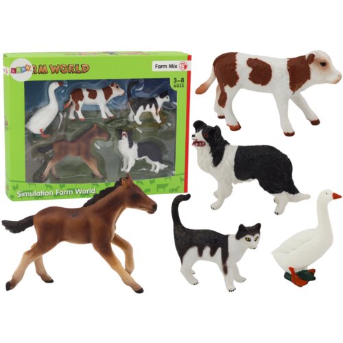  Rural Animals Figure Set 5 Pieces Horse Cow Cat Goose Dog Cene