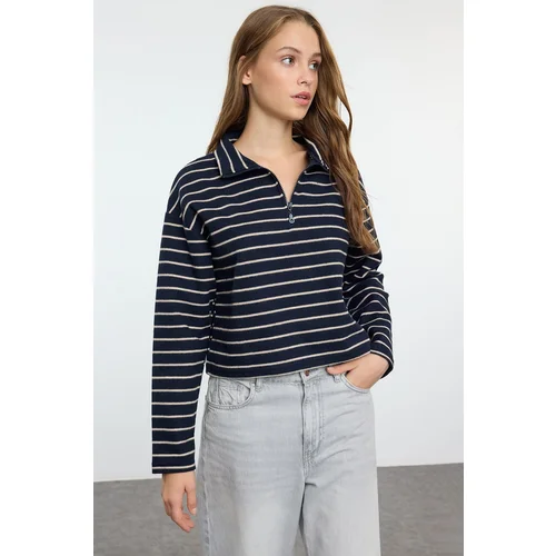 Trendyol Navy Blue Striped Thessaloniki Zippered Stand Collar Regular/Normal Fit Knitted Sweatshirt