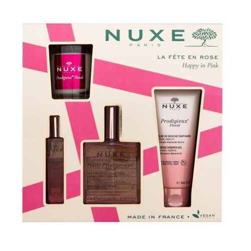 Nuxe Happy In Pink Set suho olje Huile Prodigieuse Florale 100 ml + gel za prhanje Prodigieux Floral 100 ml + parfumska voda Prodigieux Floral 15 ml + di&amp;scaron;eča sveča Prodigieux Floral 70 g za ženske Slike