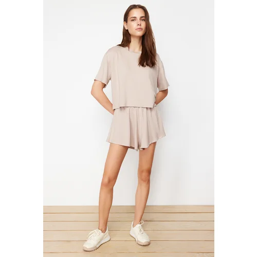 Trendyol Beige Soft Touch T-shirt and Shorts Knitted Two Piece Set