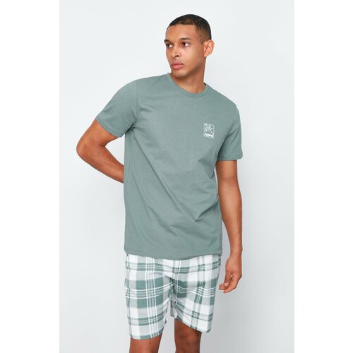 Trendyol Mint Checkered Printed Regular Fit Knitted Pajamas Set Slike