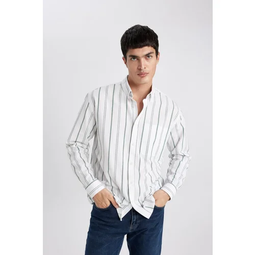 Defacto Relax Fit Polo Neck Striped Oxford Long Sleeve Shirt