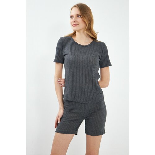 armonika Women's Smoked Corded Short Sleeve Shorts Pajamas Set Cene