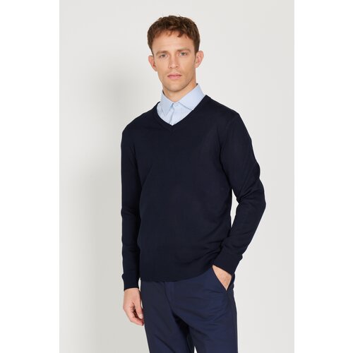 ALTINYILDIZ CLASSICS Men's Navy Blue Standard Fit Regular Fit V Neck Knitwear Sweater Cene