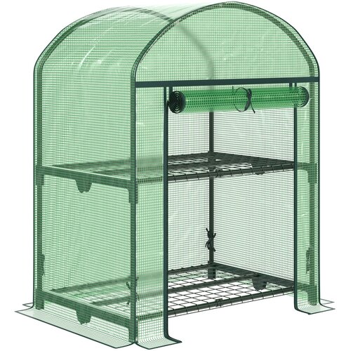 Outsunny mini vrtni rastlinjak z dvema kovinskima policama in pokrovom iz PE, kompakten balkonski in terasni rastlinjak 69x49x91 cm, zelen, (20747901) Slike