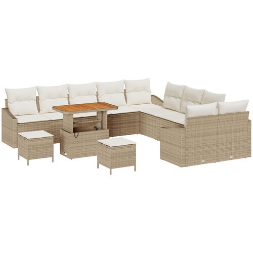VidaXL 13-dijelni vrtni set sofa s jastučićima bež poli ratan akacija, 2-sjedna vrtna sofa s skladi&amp;scaron;tem i jastučićima bež poli ratan, 3-dijelni vrtni set za objedovanje s jastučićima bež poli ratan akacija Slike
