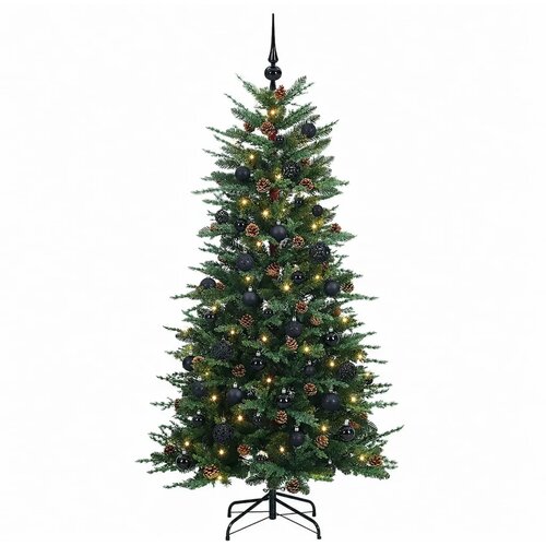  Umjetno božićno drvce s nogom 150 cm 150 LED lampica - Zelena 150 cm s LED-ima i crnim lopticama Slike