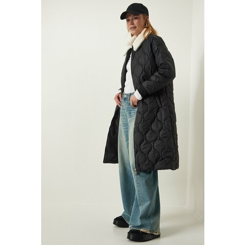 Happiness İstanbul Black Fur Collar Quilted Coat Slike
