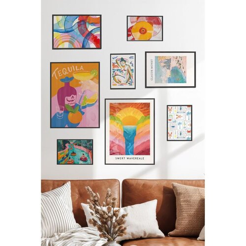 Wallxpert set od 8 manjih uramljenih slika &Ccedil;gs-079, &scaron;areni pop-art motivi &ndash; koktel tekila, zalazak sunca, gramofonska ploča i bazen, crni ram Cene