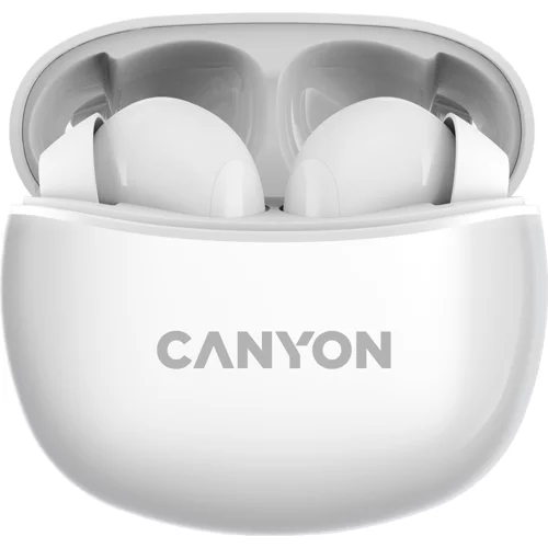 Canyon TWS-5 Bluetooth headset, with microphone, BT V5.3 JL 6983D4, Frequence Response:20Hz-20kHz, battery EarBud 40mAh*2+Charging Case 500mAh, type-C cable length 0.24m, size: 58.5*52.91*25.5mm, 0.036kg, White - CNS-TWS5W
