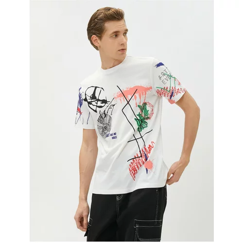 Koton Slogan Printed T-Shirt Abstract Drawing Detailed Crew Neck Cotton