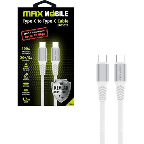 Max Mobile DATA KABEL TYPE C-TYPE C UDC3029 KEVLAR WHITE 3.1Gen.100W 5A 1.2m Slike