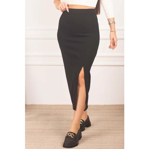 armonika Women's Black Front Slit Elastic Waist Knee-length Pencil Skirt