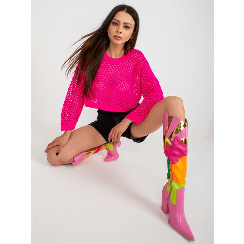 Fashion Hunters Fluo pink short openwork sweater for summer Cene
