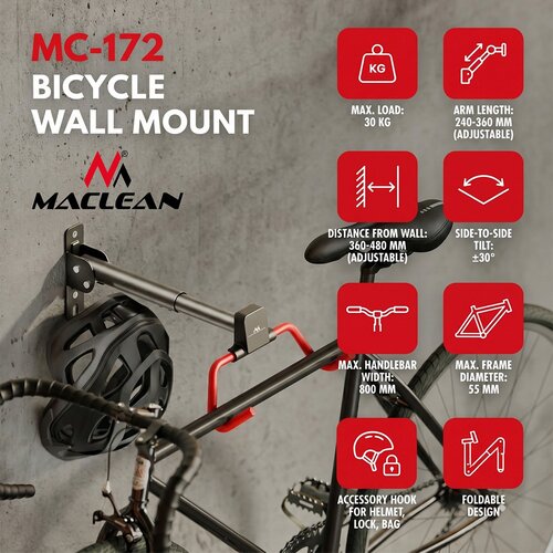 Maclean Horizontal Wall-Mounted Bike Rack, Steel, Max. Load 30 kg, Adjustable Angle, MC-172 Cijene