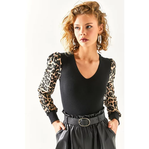 Olalook Women's Black V-Neck Leopard Lycra Garnish Blouse