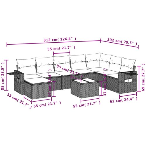  9-dijelni set vrtnih sofa s jastucima crni od poliratana Crna 85 x 62 x 69 cm Slike