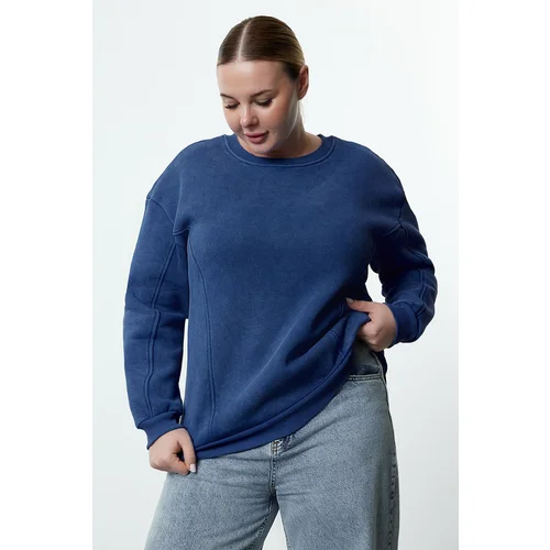 Trendyol Curve Blue Fleece Inside Crew Neck Knitted Plus Size Sweatshirt