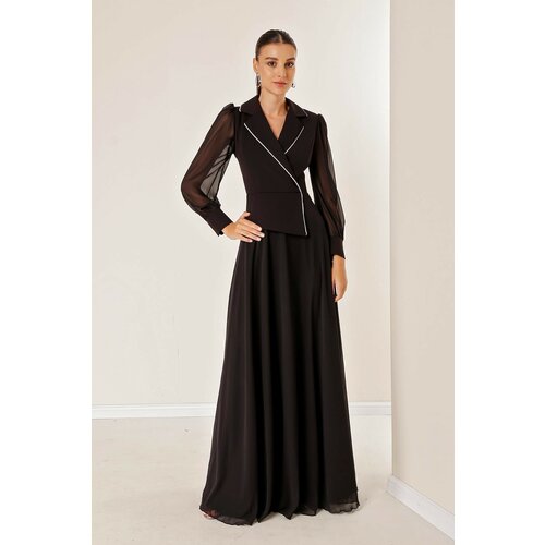 By Saygı Double Breasted Neck Stone Detailed Lined Sleeves And Skirt Chiffon Long Dress Cene