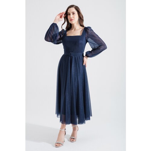 Lafaba Women's Navy Blue Square Collar Belted Midi Glitter Evening Dress Cene