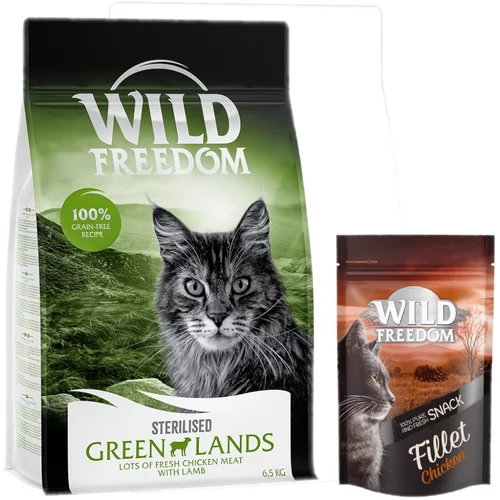 Wild Freedom suha mačja hrana 6,5 kg + Filet Snacks piščanec 100 g gratis! - Adult "Green Lands" Sterilised jagnjetina - brez žit + Filet Snacks piščanec