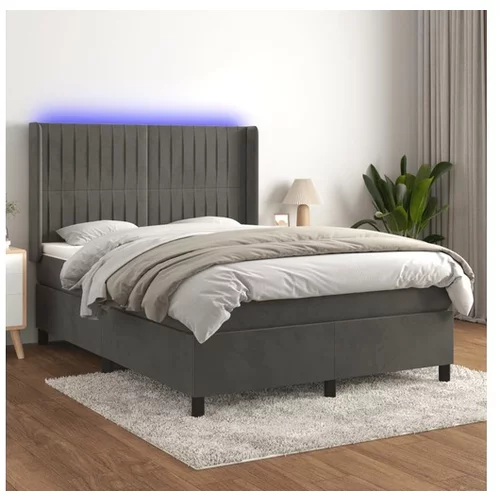  Box spring postelja z vzmetnico LED temno siva 140x200 cm žamet