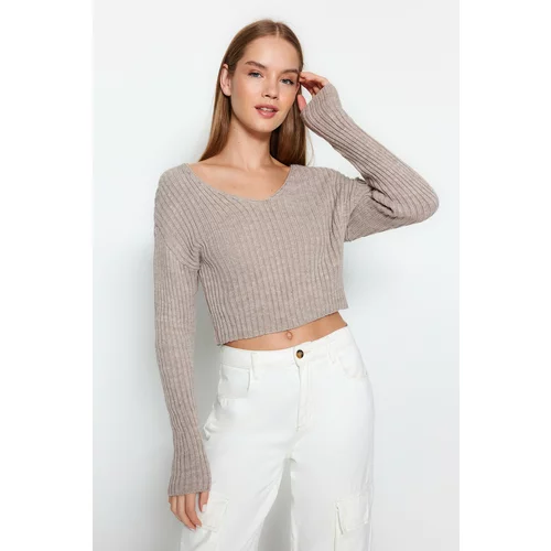 Trendyol Mink Crop Basic V-Neck Knitwear Sweater