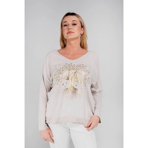 New collection Beige blouse with a print with an admixture of linen