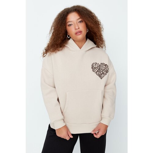 Trendyol Curve Beige Printed Hoodie Knitted Sweatshirt Slike