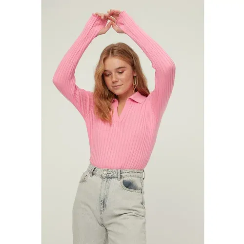 Trendyol Pink Sleeve End Detailed Polo Neck Knitwear Sweater