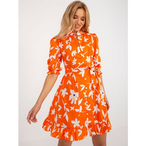 Fashion Hunters Orange zippered dress with print and belt Slike