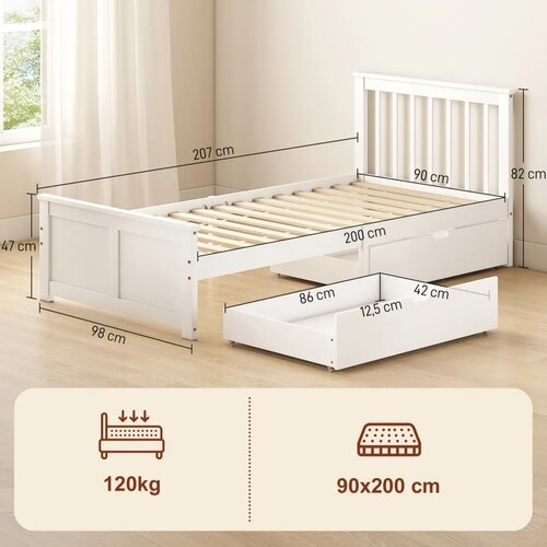  Okvir za jednokrevetni krevet drveni okvir kreveta ladice na kotačima nije potrebna letvica 90 x 200 cm bijela Slike