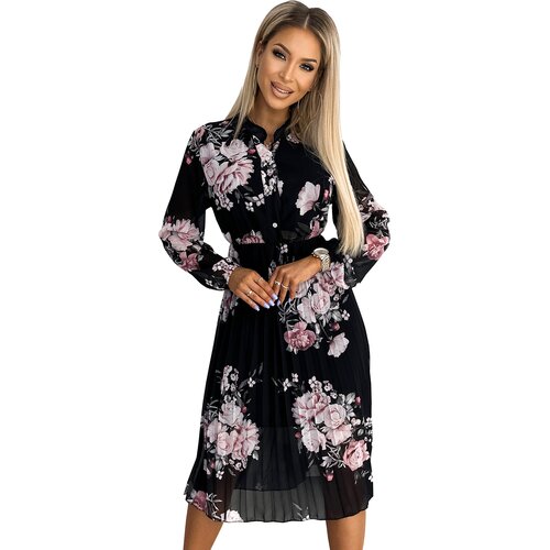 Numoco Pleated midi dress with buttons and long sleeves Cene