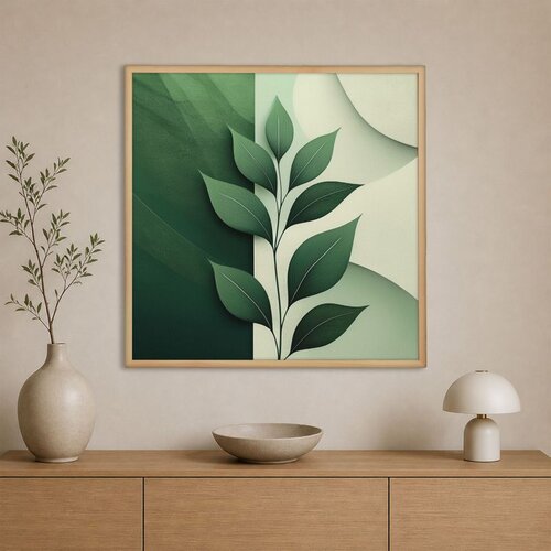 Wallxpert uramljena slika na platnu Cc-K-Ah-1014, zelena grana sa listovima na zelenoj i svetloj pozadini, 80 x 80 cm Slike