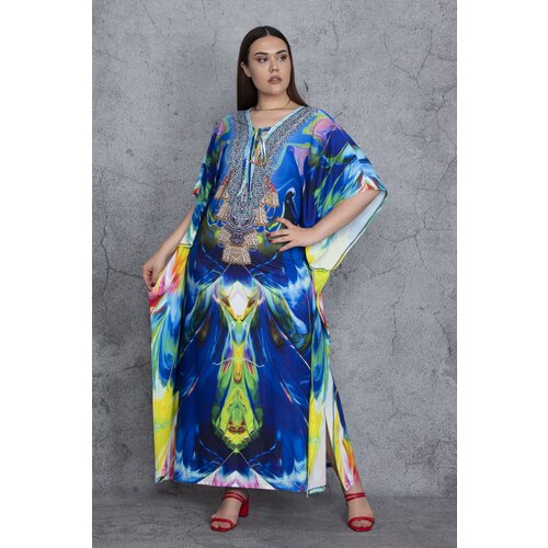 Şans Women's Plus Size Colorful Sleeve And Collar Detailed Colorful Dress Cene
