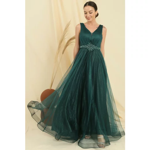 By Saygı V-Neck Waist Stone Lined Top Silvery Inner Satin Long Princess Dress