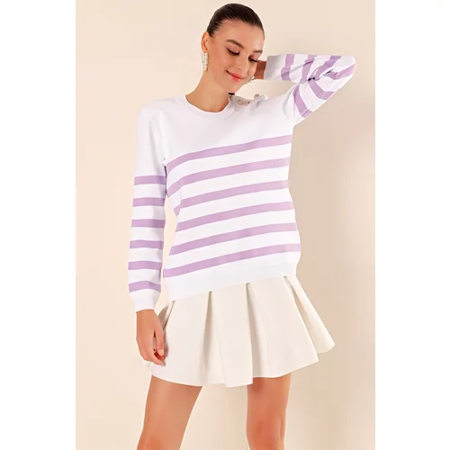 Bigdart 15820 Striped Pullover with Button Detail - C. Lilac