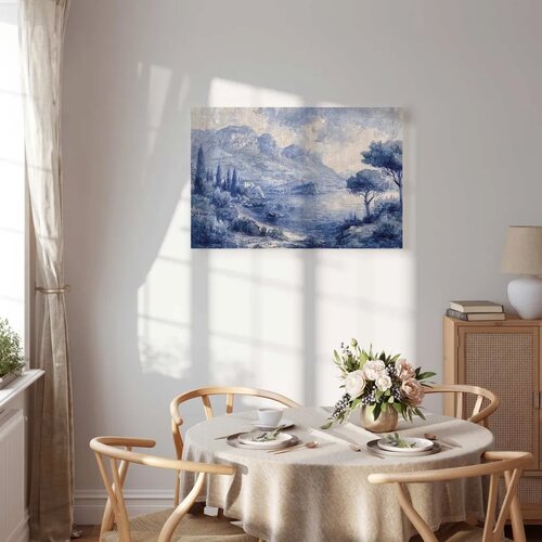  Slika - Blue Bay - Italian landscape of Lake Como painted with blue ink 30x20 Standard Slike