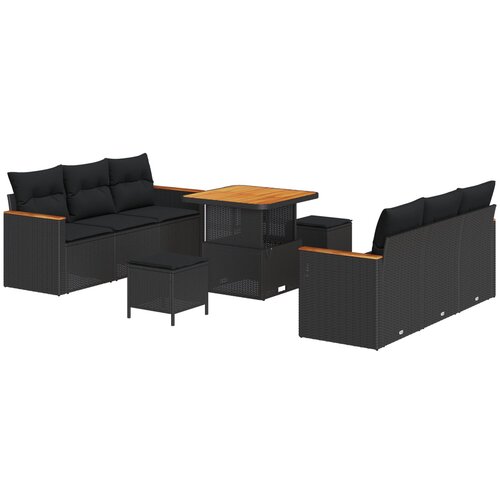 VidaXL 9-dijelni set vrtnih sofa s jastučićima crni poli ratan akacija, 3-dijelni set vrtnih stolica s jastučićima crni poli ratan akacija Slike