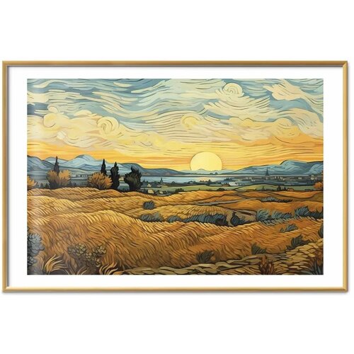  Plakat Impressionistic fields - painted golden landscape with fields of grain 42x29.7 Zlatni okvir s margom Slike