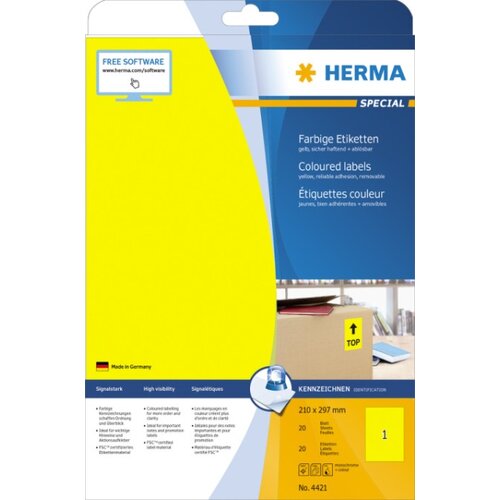 Herma Etikete 210X297 A4/1 1/20 žuta ( 02H4421 ) Slike