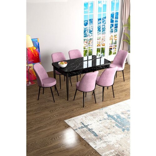 Hanah home Han - Black Marble, Pink Black MarblePink Extendable Dining Table & Chairs Set (7 Pieces) Cene