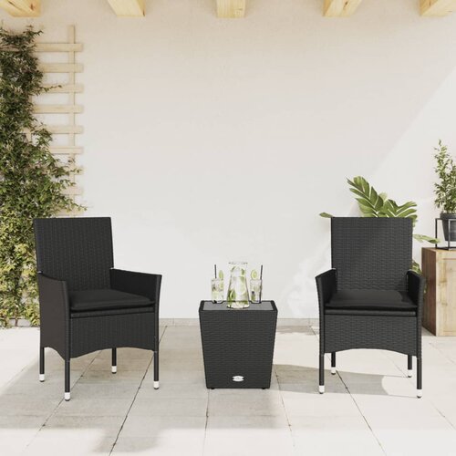 VidaXL 3-dijelni bistro set s jastucima crni od poliratana i stakla Slike