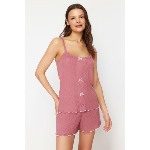 Trendyol Corded Knitted Pajama Set with Dusty Rose Ribbon Detail and Rope Strap Cene