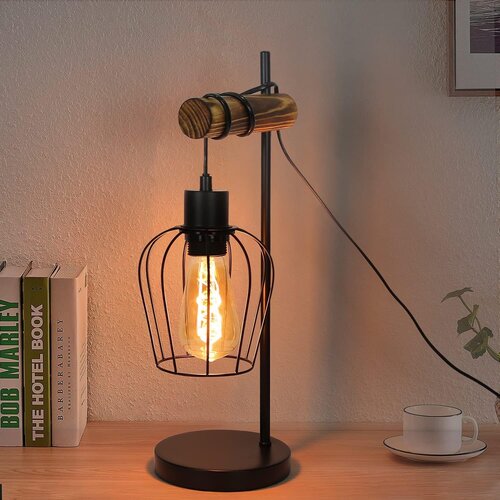 Nettlife Lampe de table r&eacute;tro 1 flamme lampe de chevet vintage en m&eacute;tal et bois - noir - douille : E27 - interrupteur inclus - ampoules non comprises, (22141563) Cene
