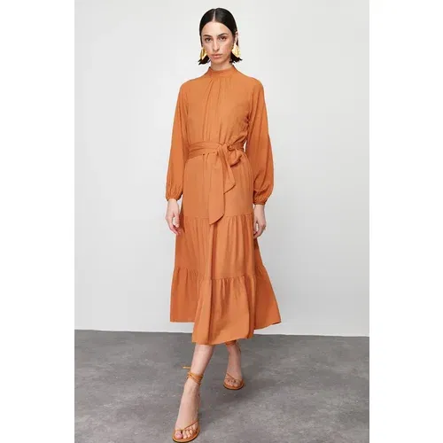 Trendyol Brown Straight Skirt Ruffle Woven Dress