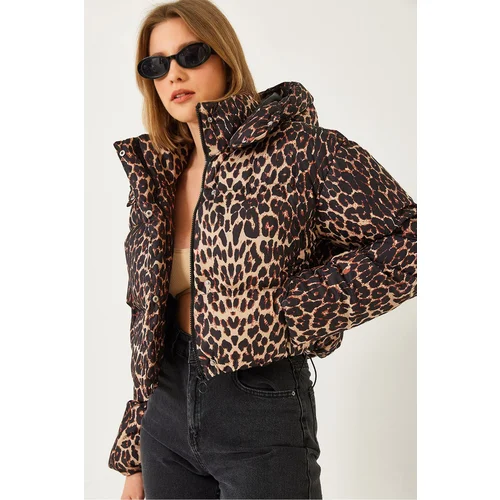 Bianco Lucci Women's Hooded Leopard Patterned Puffer Jacket 1117